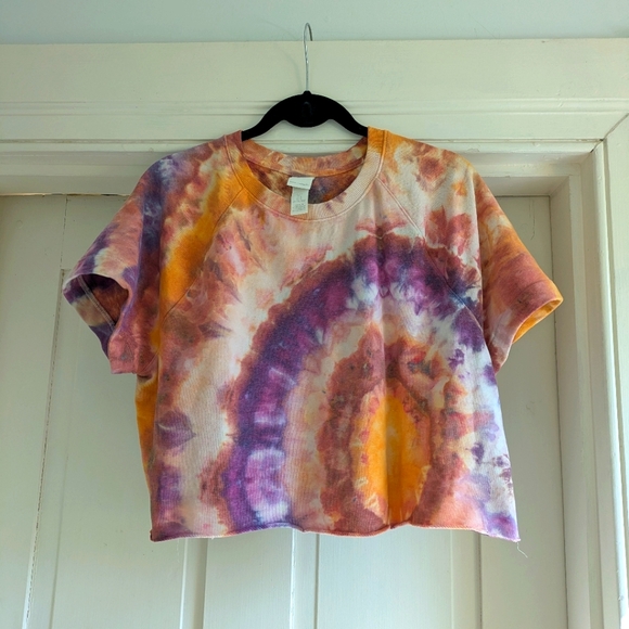 Upcycled H&M Cropped Sweatshirt T Shirt- Iced Dyed Orange & Purple L - Picture 1 of 3